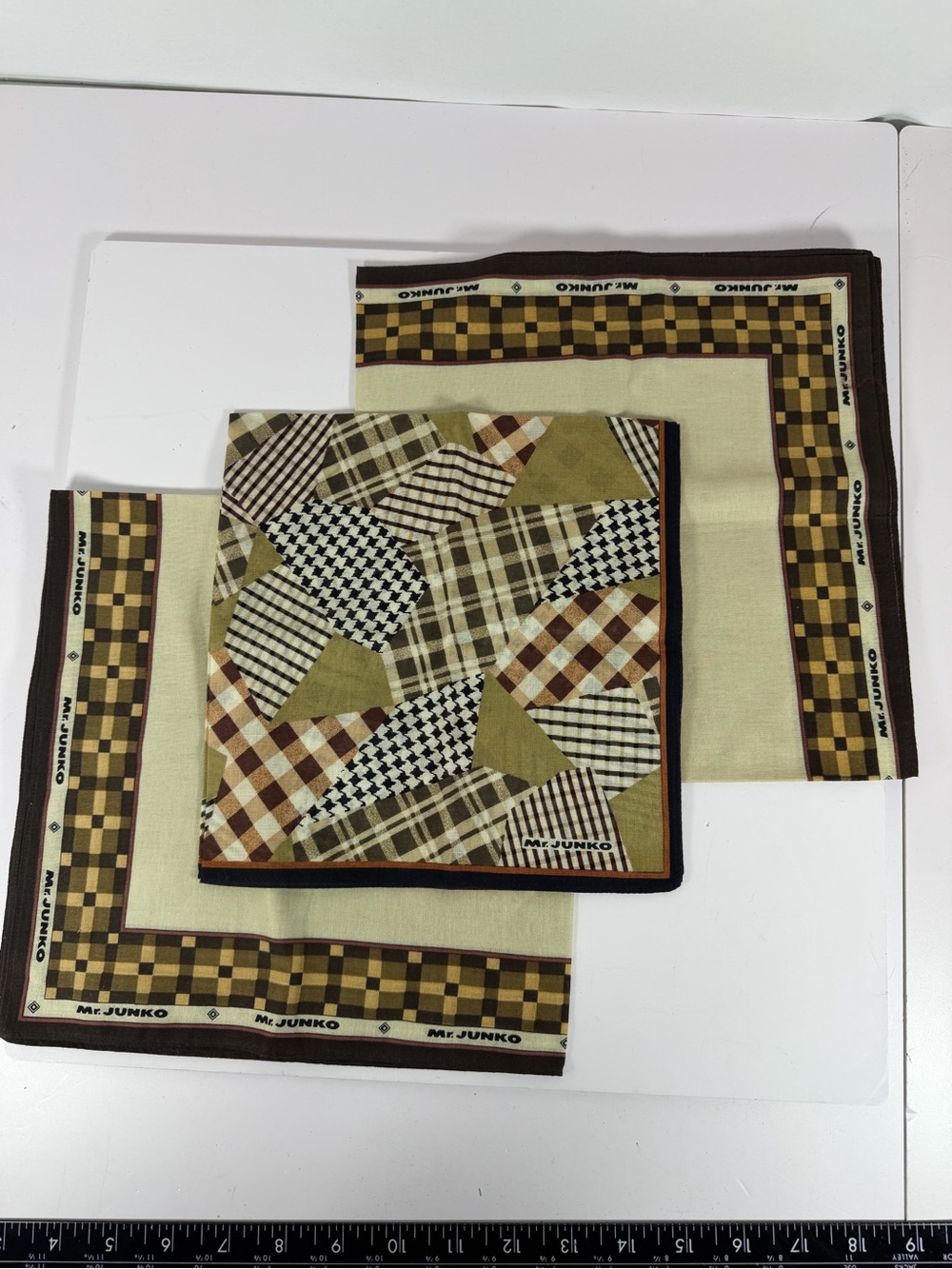 Mr. Junko Vintage Handkerchief Scarf Lot of 3 Plaid Check Brown Beige